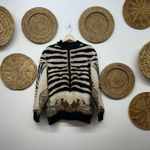 Vintage 90s Sugar Street Weavers Tapestry Sweater One Size Safari Animal Print - Picture 2 of 8